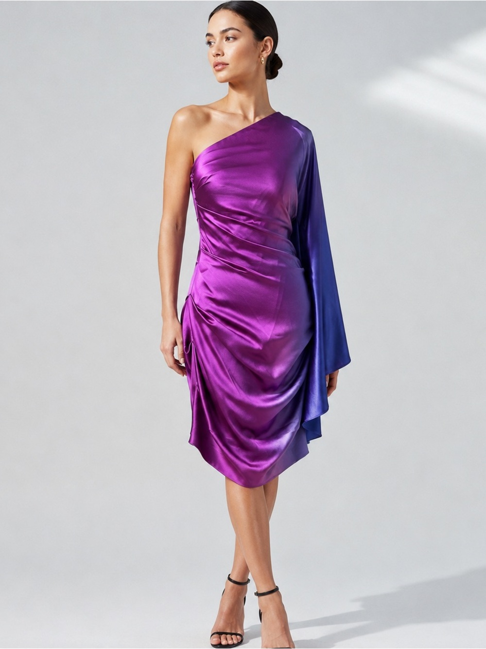 Nicole Miller Gold Label Silk One-Shoulder Dress in ombré Violet Purple blue